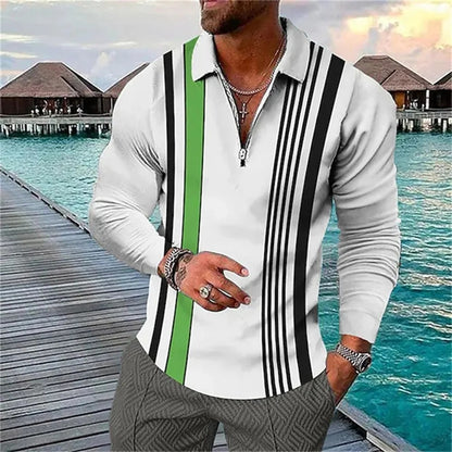 Spring and Autumn Men's Long Sleeve Zipper Polo Shirt Fashion Stripe Design Comfortable Polyester Fiber