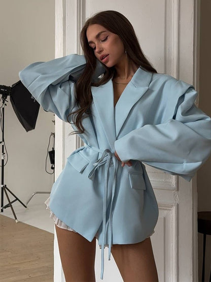 Lace Up Shoulder Pad Blazer Coat Women Elegant Turn-down Collar Long Sleeve Pockets Slim Fit Coats Chic Ladies Commute Outerwear