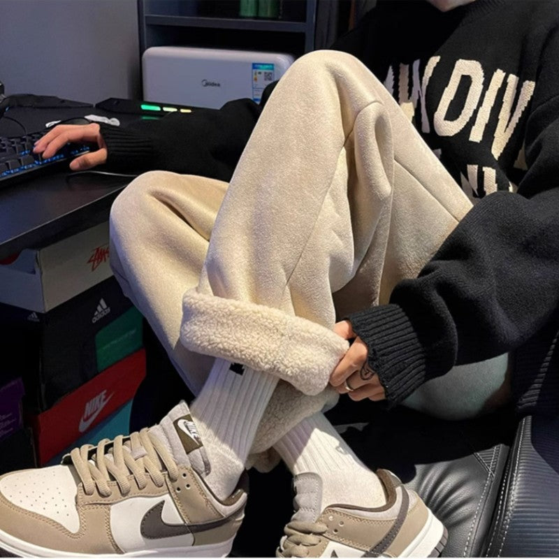 Women's Suede Thickened Straight Leg Pants Korean Style Wide Leg Autumn Winter New Student Fashion Casual Trousers