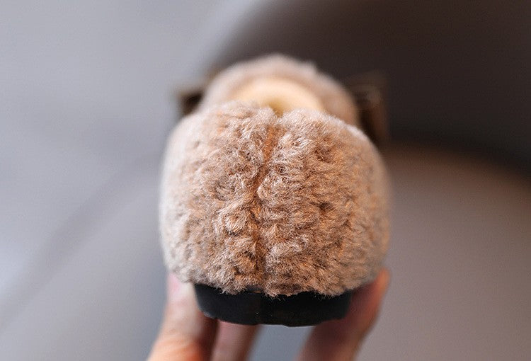 Girls Winter Shoes Cotton-padded Warm Cotton Fur Fluffy Children Flats Kids Loafers Slip-on Princess Sweet Anti-slippery Bowtie