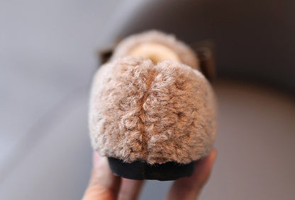 Girls Winter Shoes Cotton-padded Warm Cotton Fur Fluffy Children Flats Kids Loafers Slip-on Princess Sweet Anti-slippery Bowtie