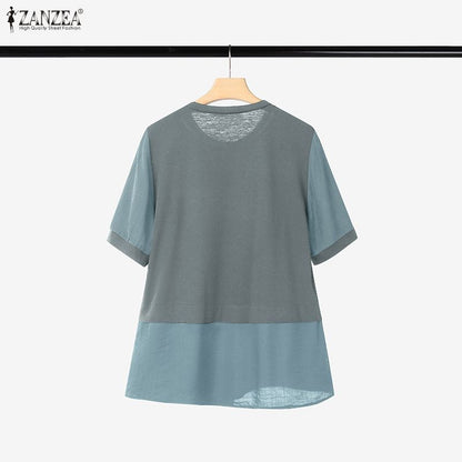 ZANZEA Women Summer Patchwork Blouse 2025 Casual O Neck Short Sleeve Tops Blusas Fashion Elegant Work Shirt Mujer Female Chemise