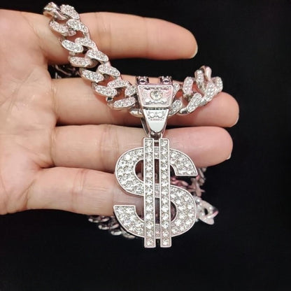 Colar com pingente de dólar hip-hop para homens e mulheres com corrente cubana de 13 mm, pingentes hip-hop cravejados, colares de joias modernas punk, presentes