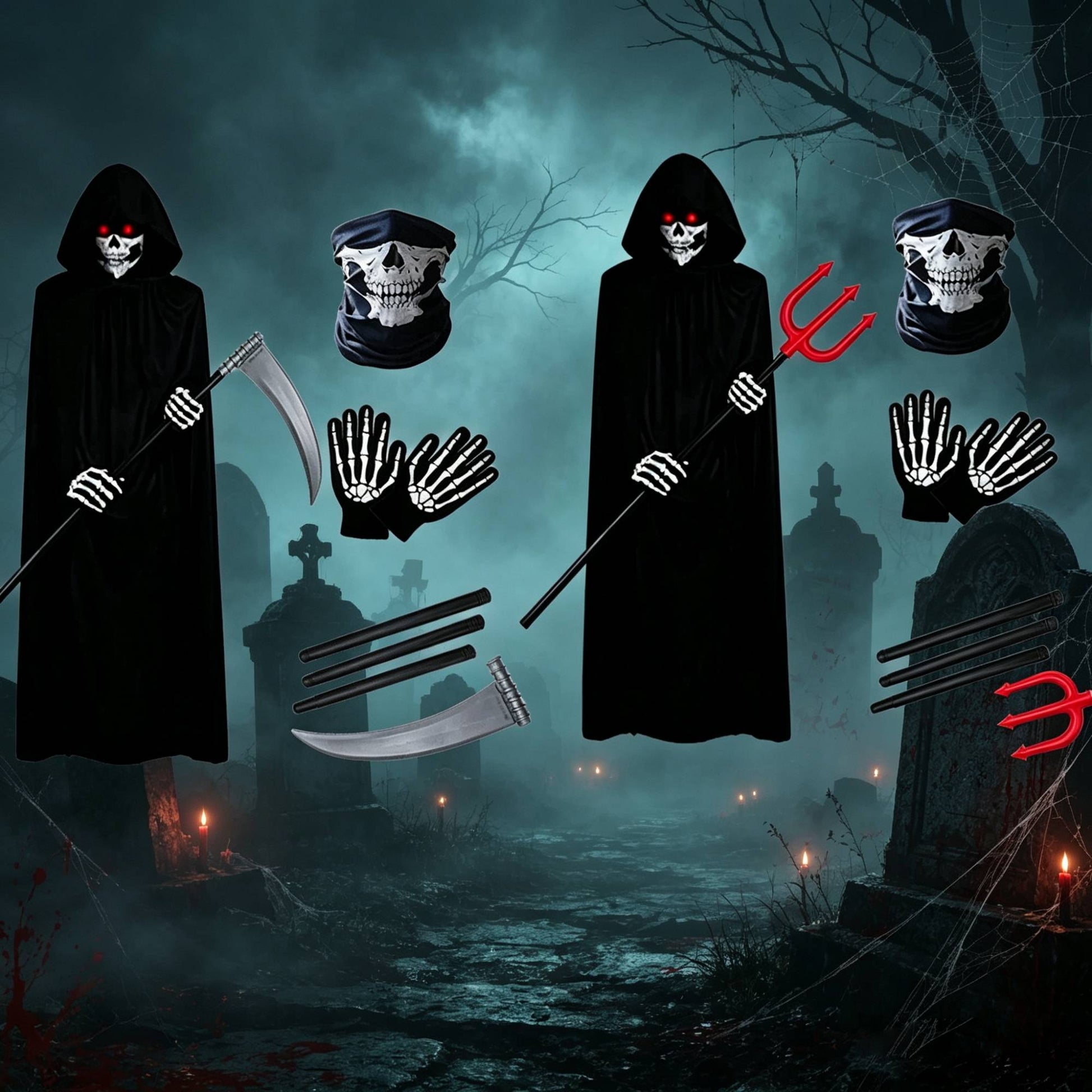 Halloween New Party Role Playing  Adult Death Black Cloak Halloween Skull Ball Costume Prop Set   Adult Gift ?