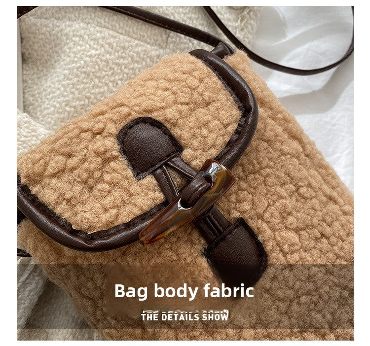 Fashion Winter Lambswool Phone Bag Sweet Lovely Portable Women Wallets Square Purse Faux Fur Plush Shoulder Bags Purses Handbags