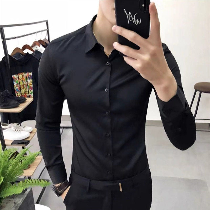 Korean Fashion Trend Casual Elastic Design Sense Short Sleeve Shirt Men's Solid Lapel Collar Button Breathable Simple Slim Tops