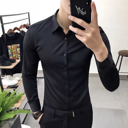 Korean Fashion Trend Casual Elastic Design Sense Short Sleeve Shirt Men's Solid Lapel Collar Button Breathable Simple Slim Tops