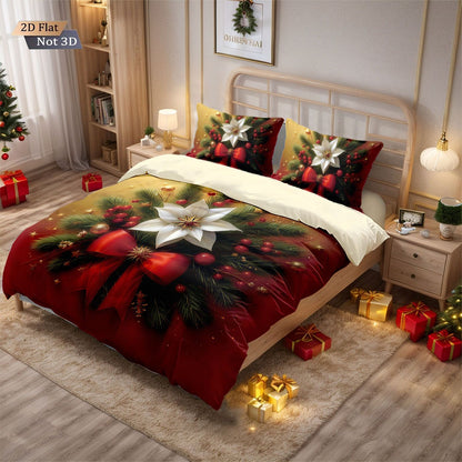 3pcs Christmas red floral print coreless duvet cover set multi size bedroom bedding holiday decoration soft  machine washable