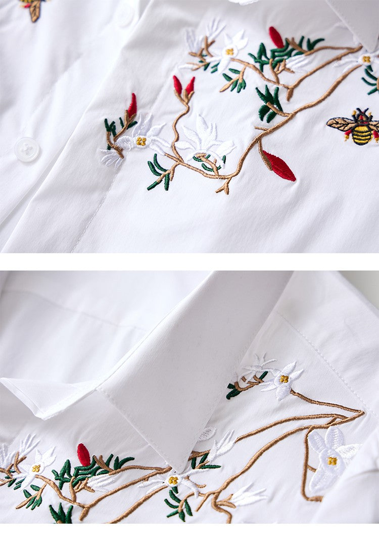 Black Mens Embroidered Long Sleeve Shirt, Black Single Breasted Lapel Casual Shirts, Asian Size M-6XL