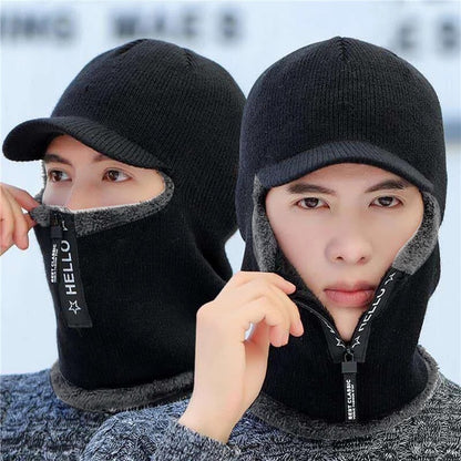 Novos Homens Inverno Quente Lã Chapéu Outdoor Proteção Orelha Chapéus Quente Grosso Bicicleta Gorro de Malha com Cachecol Viseiras à Prova de Vento
