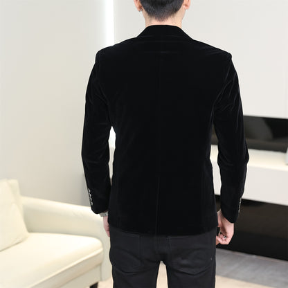 Gold Velvet Suit Men's Trendyy Performance Suit Spring & Fall All Year Round Slim Thin Youth Dress Groomsmen Groom's Dress Wedding Party Suit