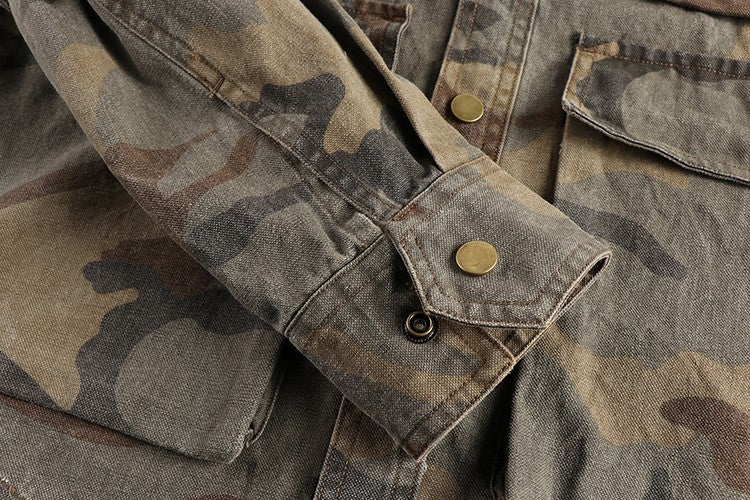 2024 Autumn New American Retro Woven Camouflage Cargo Shirt Men's Fashion 100% Cotton Washed Multi-pocket Casual Thin Jacket