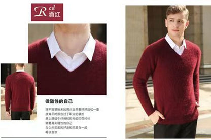 Autumn And Winter New Warm Pure Mink Cashmere Sweater Men's V-neck Pullover Thickened Plus Size Knitted Bottoming Shirt