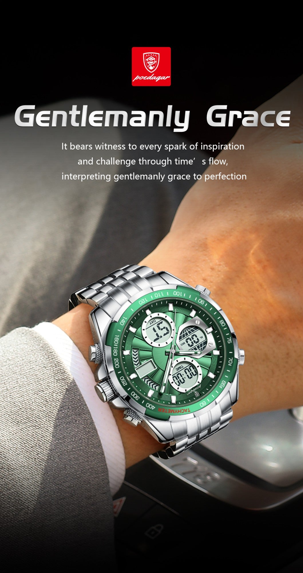 POEDAGAR Top Man Clock Waterproof Electronic LED Luxury Men's Watches Dual Time Display Digital Stainless Steel Men Quartz Watch