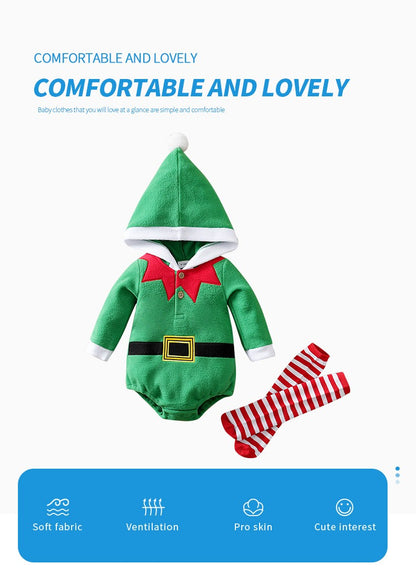 Christmas Newborn Clothes Cute Green Elf Soft 0-18 Boys And Girls Spring And Autumn Long Sleeved Baby Triangle Jumpsuit+Socks