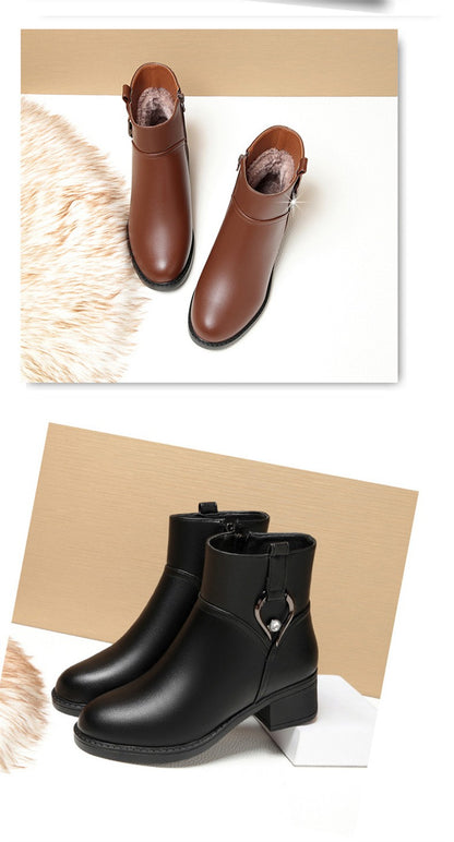 Women's Winter Waterproof Fashion Soft Leather Ankle Boots Mom Thick Plush Warm Cotton Shoes Thick Heel Platform Boots
