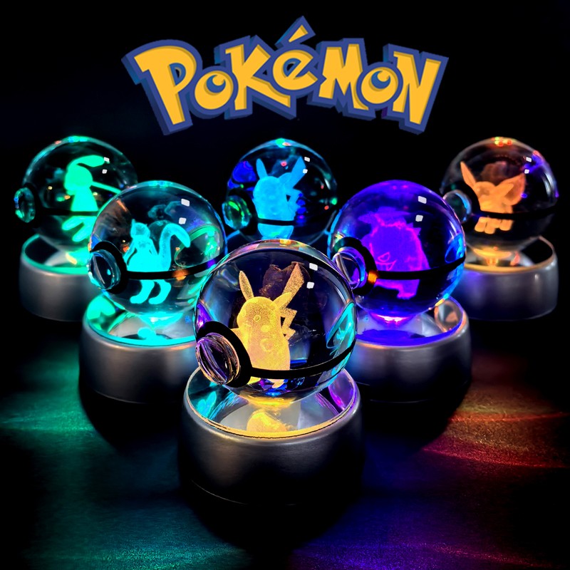 Pokemon Crystal Ball 3D Pikachu Mewtwo Mew Gengar Luz Noturna Luminária Base Pokebola Cristal Pokemon Bola de Vidro Figura Presente de Aniversário