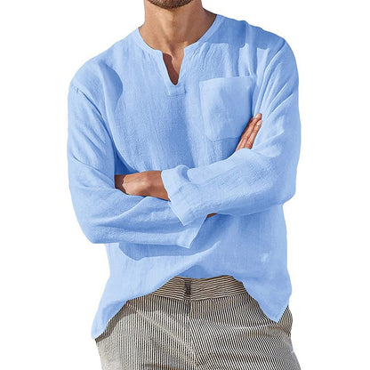 Men Cotton Linen Shirts Long Sleeve Social Shirt Blouses Stand-Up Collar Casual Beach Shirt Business Formal Shirt Male Clothing