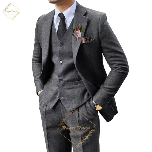 Premium Men's Suits 3 Piece Jacket Vest Pants Brown Wedding Tweed Herringbone Retro Vintage Tailored Fit Single Breasted Tuxedo