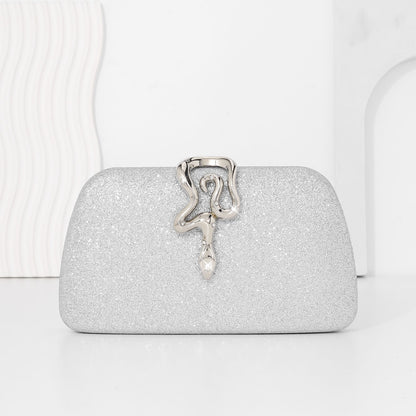 Women’s Luxury Glitter Snake Lock Clutch Elegant Evening Bag Shiny Envelope Bag Handbags Wedding Banquet Party Dress with Chain