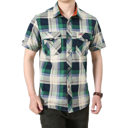 New Summer Men Short Sleeved Plaid Shirts Male Outdoor Multi Pockets Tooling Shirts Quality Man Cotton Loose Casual Cargo Shirts