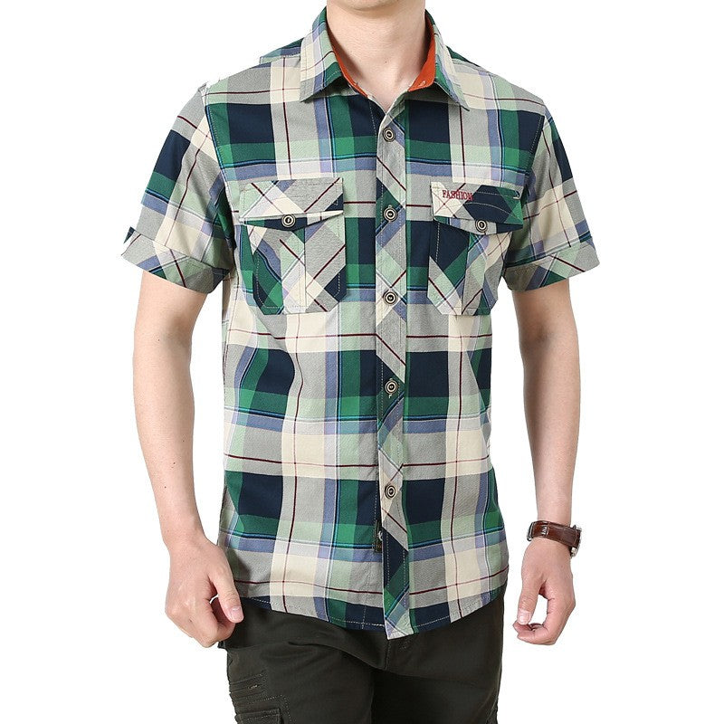 New Summer Men Short Sleeved Plaid Shirts Male Outdoor Multi Pockets Tooling Shirts Quality Man Cotton Loose Casual Cargo Shirts