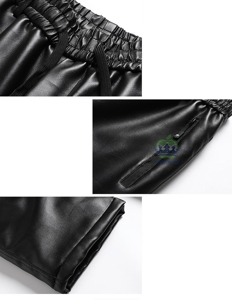 OUSSYU Brand High Quality Winter Outdoors Fleece Warm Pants Men Zippered Pocket Business Straight Flocking PU Trousers Plus Size