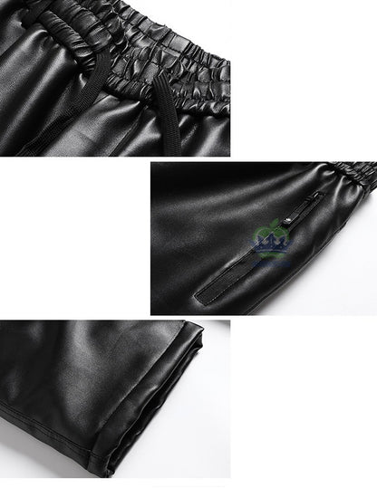 OUSSYU Brand High Quality Winter Outdoors Fleece Warm Pants Men Zippered Pocket Business Straight Flocking PU Trousers Plus Size