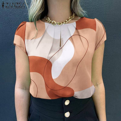 ZANZEA Women Summer Blouse Bohemain Holiday Shirt Fashion Short Sleeve Printed Tops Tunic Female Elegant Work Party Blusas Mujer