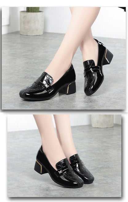 4.5cm British Style Deep Mouth Block Heels Shoes Women Loafers Bright Leather 2024 Spring Soft Leather Shoes for Office Mom