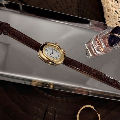 Ladies' New Oval Bathtub Egg-Shaped Belt Quartz Watch Elegant Miniature Vintage-Style Wristwatch Stylish Trendsetter