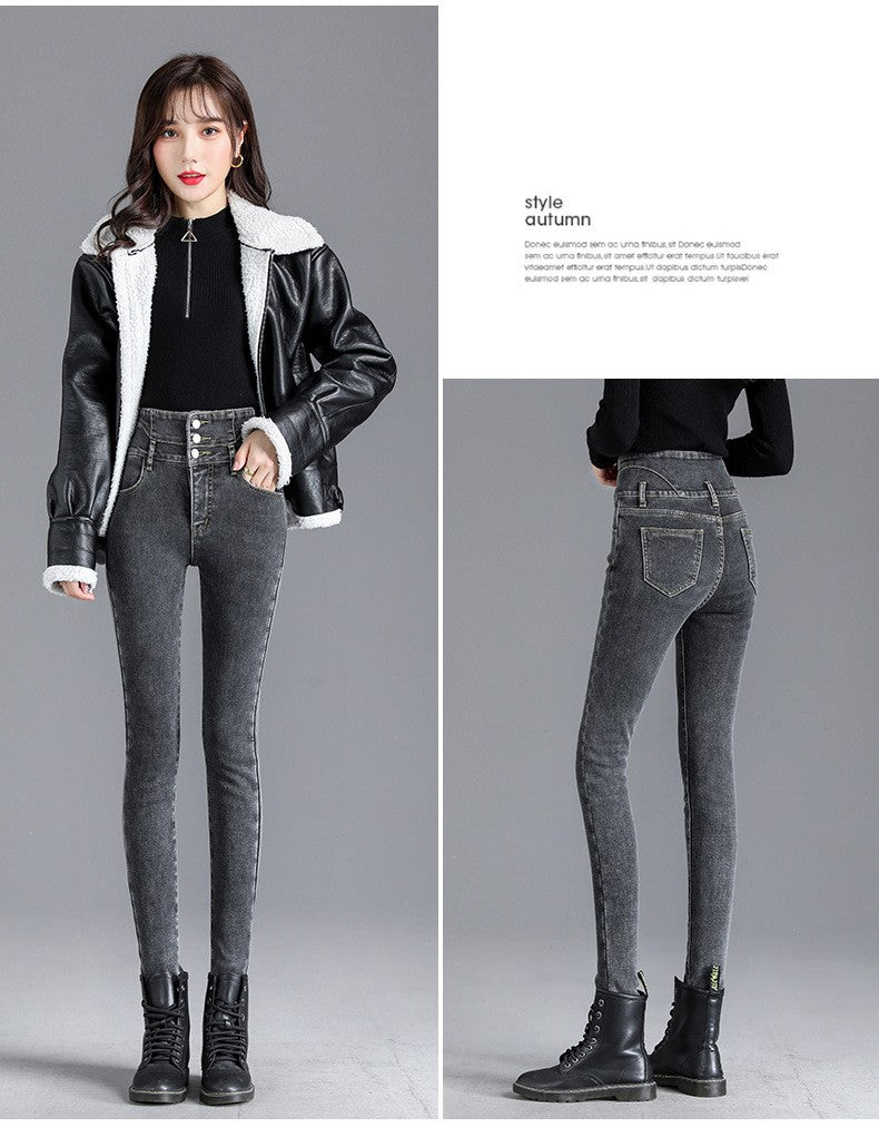 Autumn Winter Skinny Jeans Fashion Women Thermal Fleece High Waist Stretch Warm Pencil Pants Casual Velvet Button Denim Pant