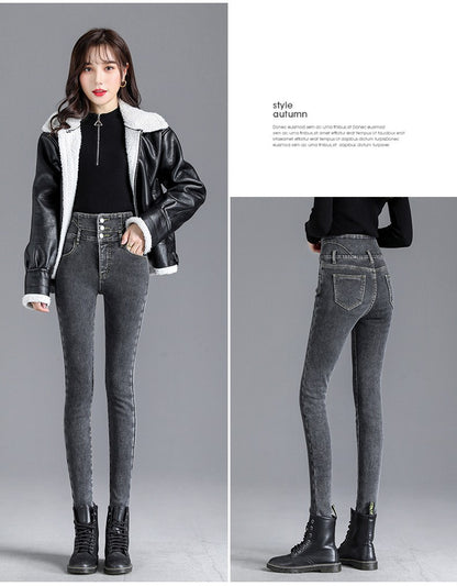 Autumn Winter Skinny Jeans Fashion Women Thermal Fleece High Waist Stretch Warm Pencil Pants Casual Velvet Button Denim Pant