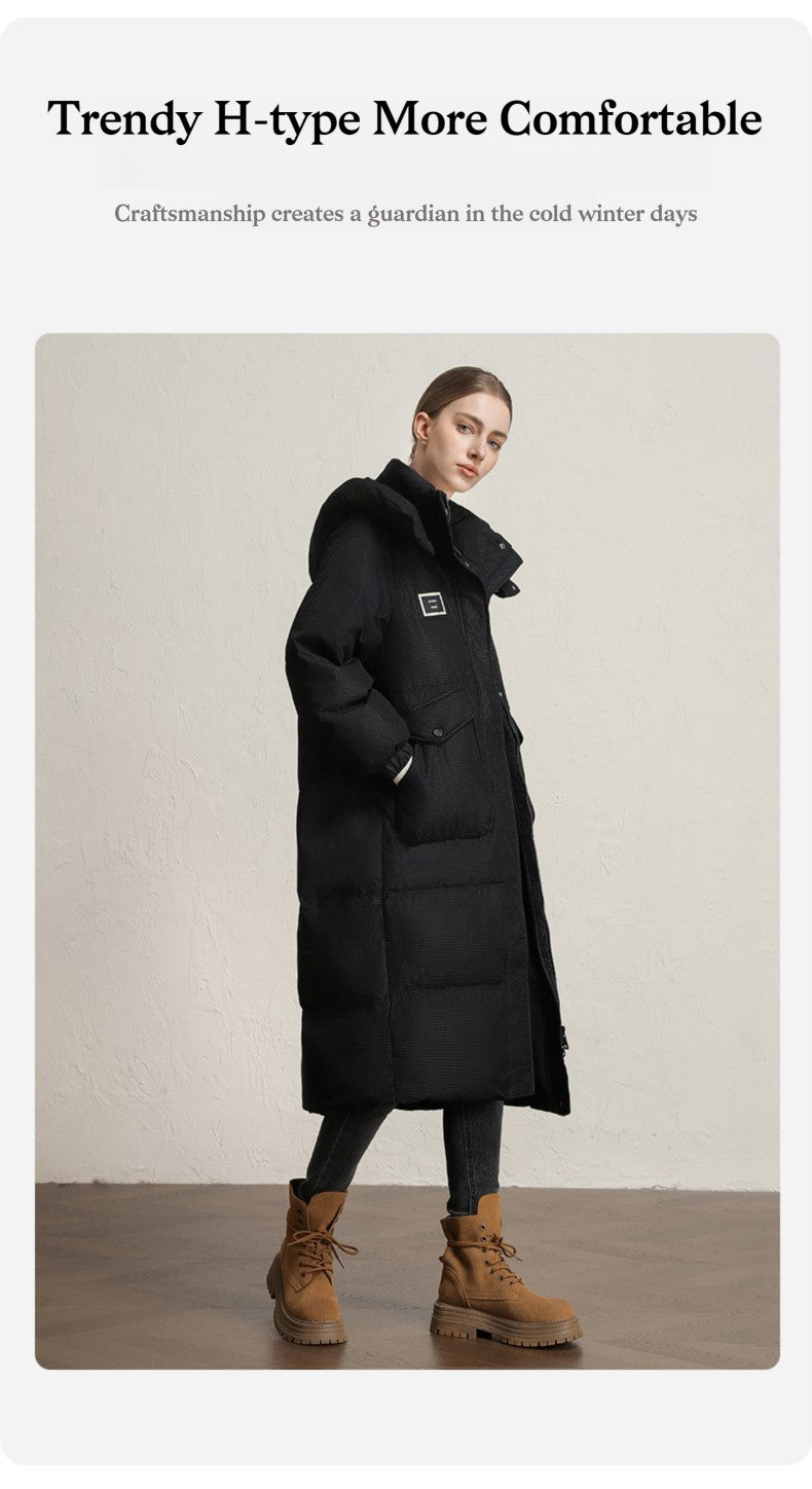CLARKE QUEEN Long Down Jacket for Women Winter Duck Down Coat Hooded Over-the-Knee Casual Thickened Fitted Padded Puffer Coat