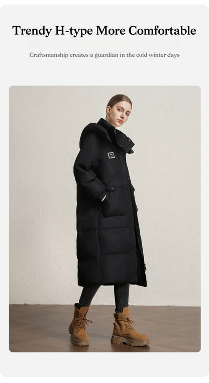 CLARKE QUEEN Long Down Jacket for Women Winter Duck Down Coat Hooded Over-the-Knee Casual Thickened Fitted Padded Puffer Coat