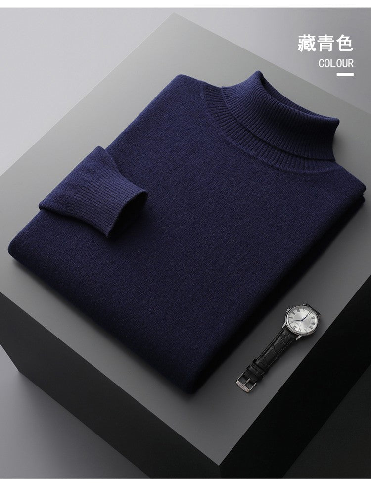 100%Merino Wool Lapel Sweater Men's Turtleneck Loose Knit Pullovers Youth Business Casual Joker Tops Warm Solid Color Base Shirt