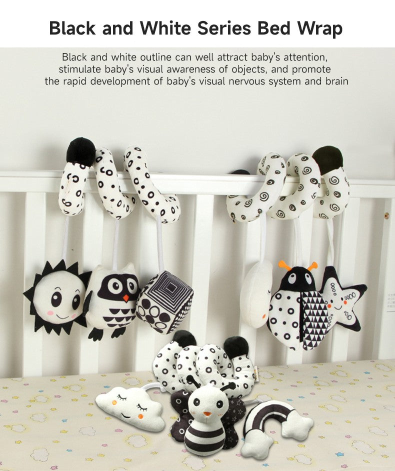 Baby Black And White Animal Hanging Toys Car Seat  Baby Spiral Activity Hanging Toys Plush Zoon Music BB Squeaker Rattles Gift
