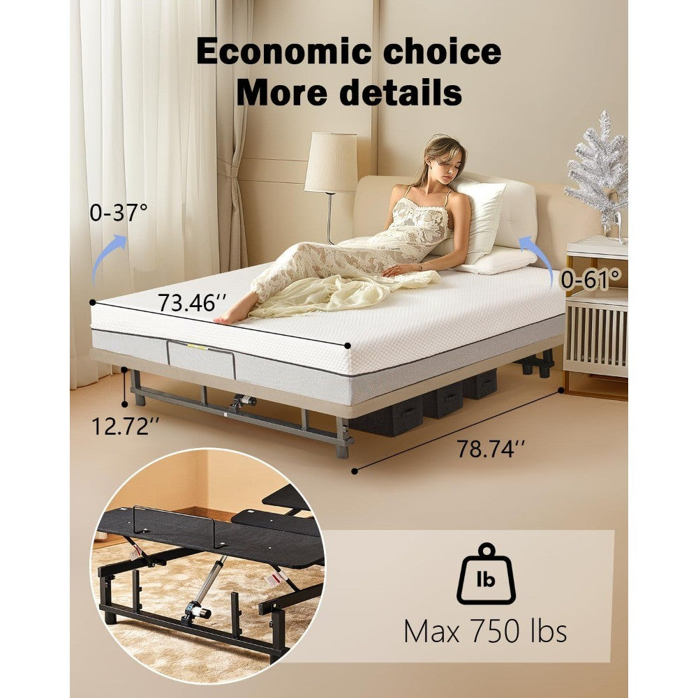 King Size Adjustable Bed Frame with Quiet Motor - Head & Foot Incline, Zero Gravity, Wireless Remote Control, Easy Installation