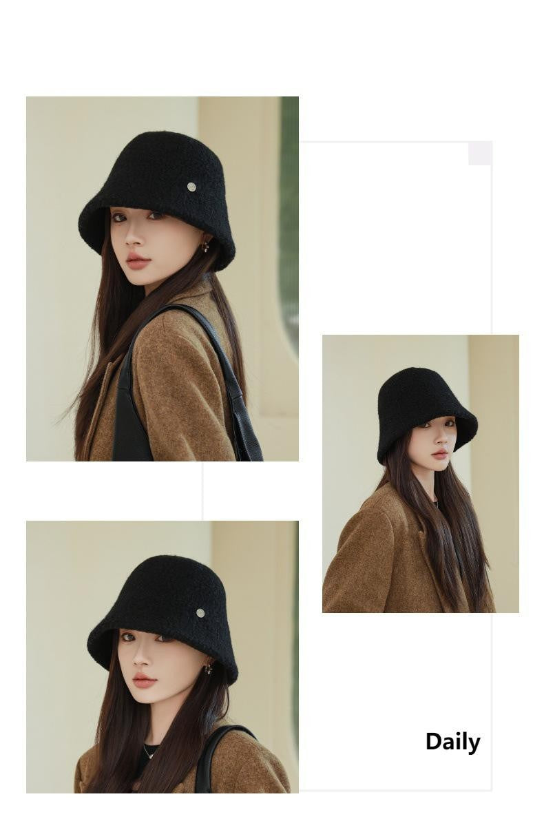 Chapéu Bucket Feminino Outono Inverno Lã Aba Larga Quebra-Sol Bob Cap Manter Quente Casual Vintage Acessórios de Chapéu Feminino