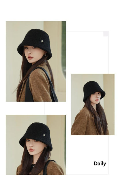 Chapéu Bucket Feminino Outono Inverno Lã Aba Larga Quebra-Sol Bob Cap Manter Quente Casual Vintage Acessórios de Chapéu Feminino