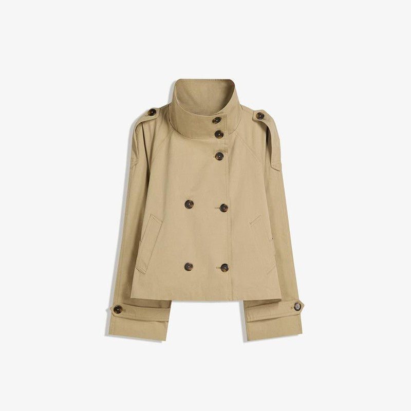 Belted Waist Cropped Trench Double Breasted Stand Collar 2025 Autumn Chic Elegant Women Coat Casual Vintage Office Lady Jacket