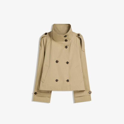 Belted Waist Cropped Trench Double Breasted Stand Collar 2025 Autumn Chic Elegant Women Coat Casual Vintage Office Lady Jacket