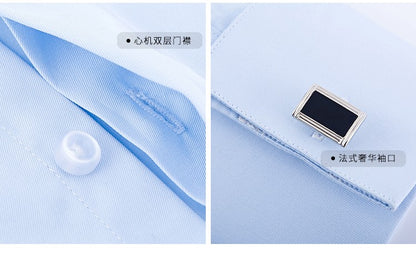 Men's Classic French Cuff Dress Shirt Covered Placket Long Sleeve Tuxedo Male Shirts with Cufflinks No Pocket Office Work White