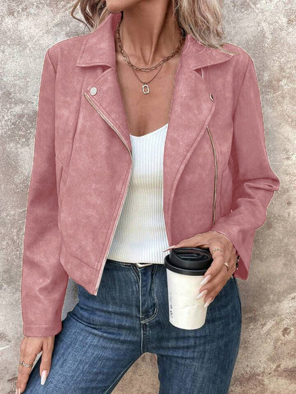 New Autumn Rose Red Women's Short Jacket, Zipper Closure, Lapel Collar, Fashionable Casual Coat.