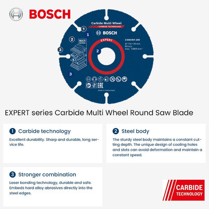 Disco de Corte Multimaterial Bosch Expert 110mm de Carbide para Madeira, Plástico, Drywall, Madeiras Duras - Acessórios para Esmerilhadeira Angular