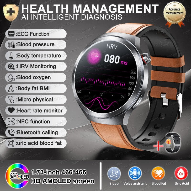 Relógio Inteligente Smartwatch Masculino 2026 Health Tracker com Safira e Medição de Ácido Úrico, Gordura Sanguínea, Pressão Arterial e ECG+PPG com Análise Corporal