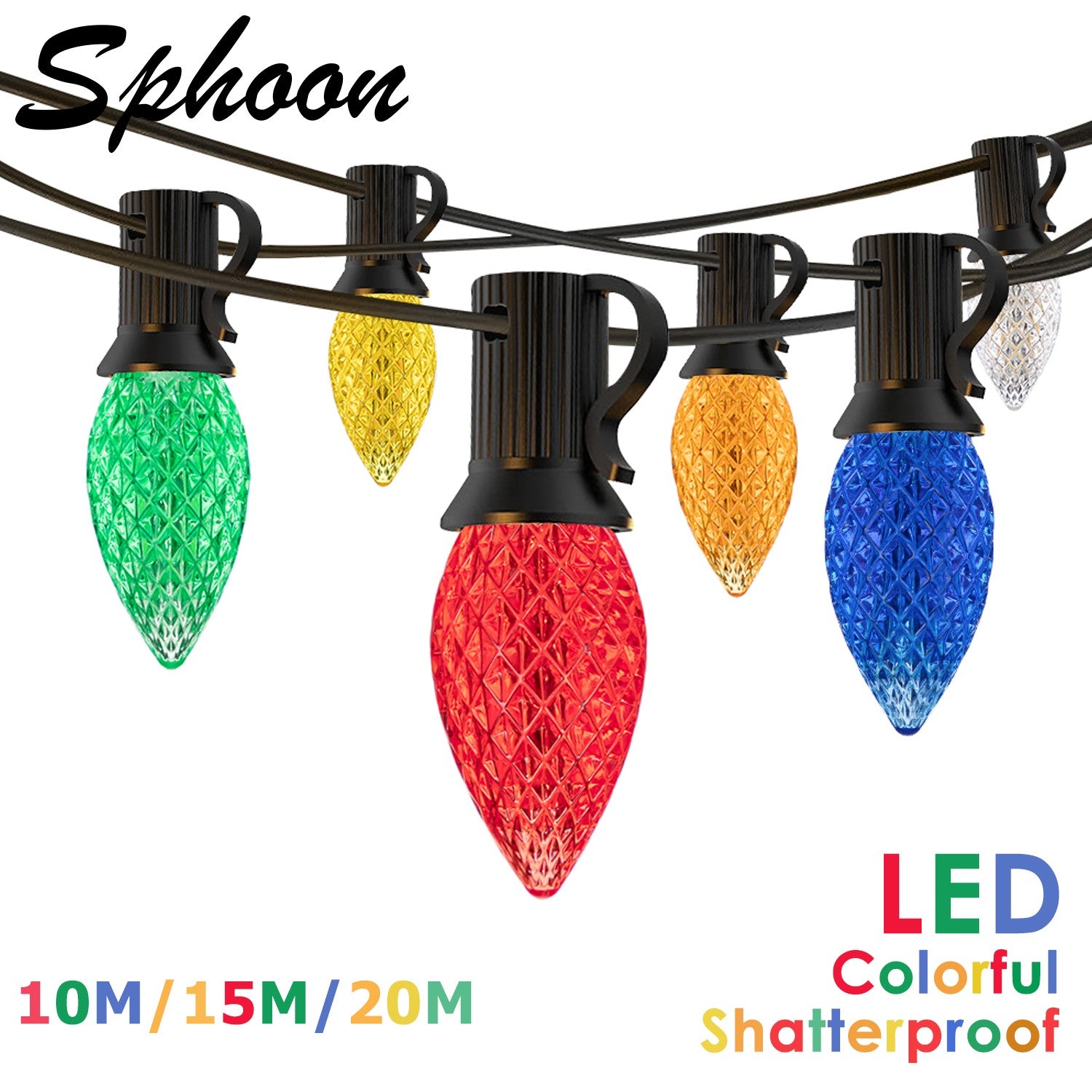 50FT C7 Shatterproof String Lights RGB Dimmable Faceted Strawberry Led Bulbs Connectable Outdoor Fairy Light Party Holiday Decor