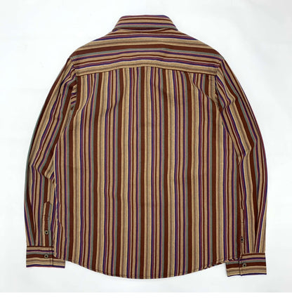 Amikaki Ethnic Style Men's Pure Cotton Colorful Stripes Shirt Loose Ancient Cargo Long Sleeved Shirt Jacket With Chest Pocket