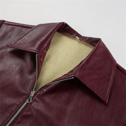 Jaqueta Feminina de Couro Sintético Vermelho Vinho Vintage, Casaco Moderno com Zíper e Lapela, Casacos de Outono Inverno, Blusas Curtas Femininas Estilo Streetwear