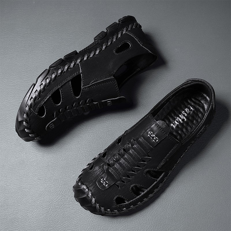 2025 New Men's Handmade Leather Sandals Flat Sandals Fashion Men's Suitable for Beach Vacation Summer Brown Non-slip Sandals